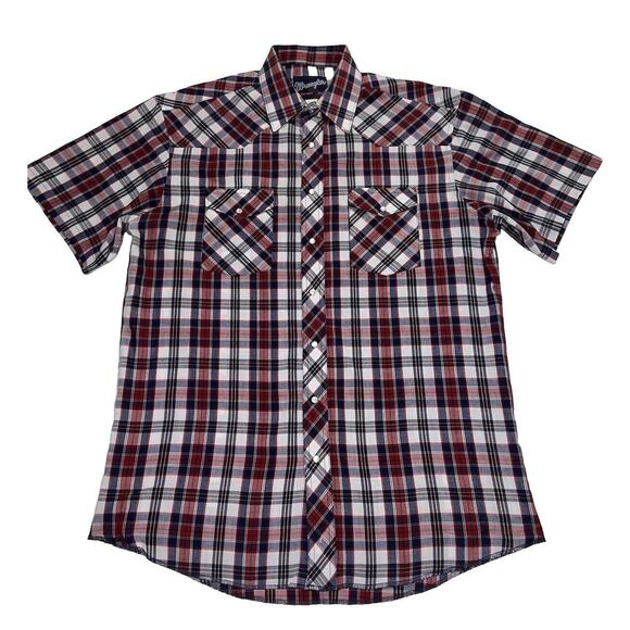 Wrangler Western Shirt Size L (16.5) Red Blue Plaid X-Long Tails Pearl Snaps VTG - Picture 1 of 16